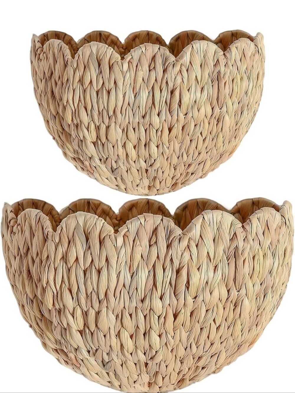 beautiful set of 2 handwoven scalloped hanging wicker baskets.